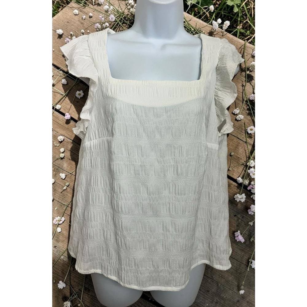 Shein White Blouse Sz Large Square Neck Ruffled Short Sleeve Top Versatile